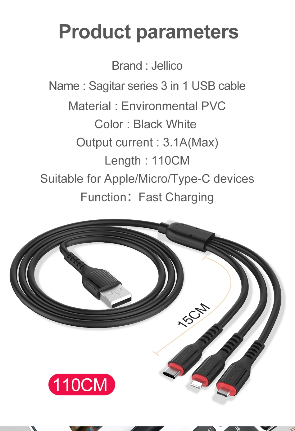 Jellico 3 в 1 USB кабель для мобильного телефона Micro usb type C кабель для зарядного устройства для iPhone Micro USB кабель для зарядки