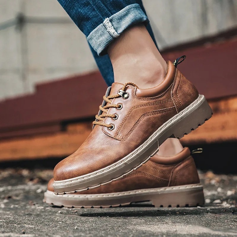 

Ankle PU Low Men Western Boots Sewing Solid Fashion Military Work Boots Lace-Up Casual Spring Autumn Business Shoes