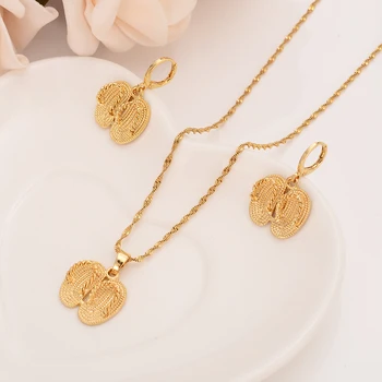 

Set Jewelry Necklace Piecemeal pendant Earring Slippers Habesha 9 k Solid Fine G/F Gold shoes Sets best women