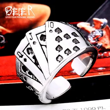 

BEIER 316L stainless steel Fashion Lucky Playing Card Spades Flush Adjustable Men's Ring Rock High Quality Jewelry LLBR8-713R