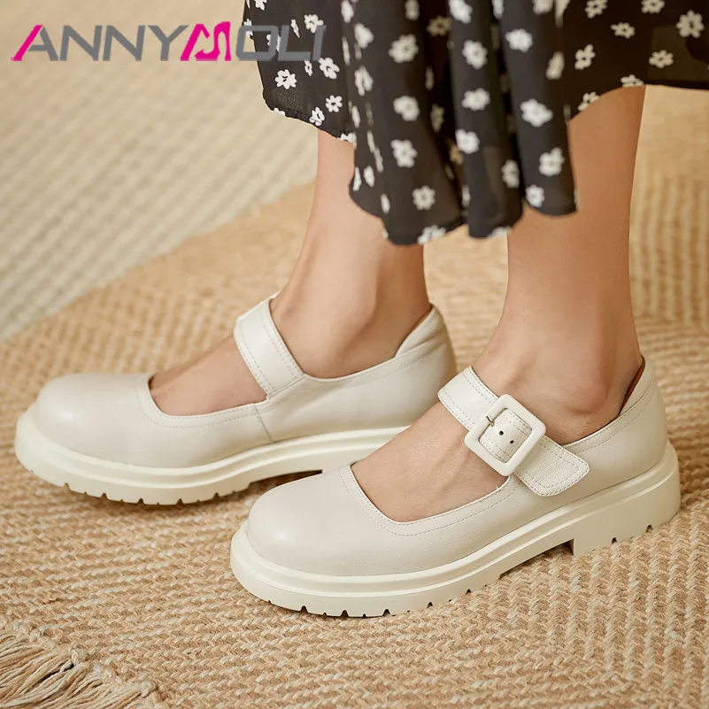 

ANNYMOLI Real Leather Mary Janes Shoes Woman Platform Med Heels Round Toe Chunky Heel Pumps Buckle Strap Female Footwear Beige