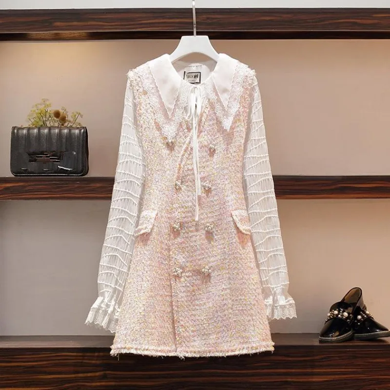 

Plus Size Tweed Women 2 Piece Set Spring Chiffon White Shirt Tops + Pink Beading Woolen Double-breasted Loose Tassel Dress Sets