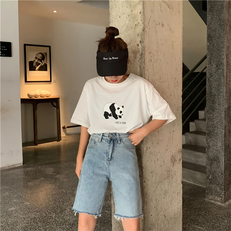 Pengpious summer new loose denim shorts frayed hem high waist for school girls sweet short jeans