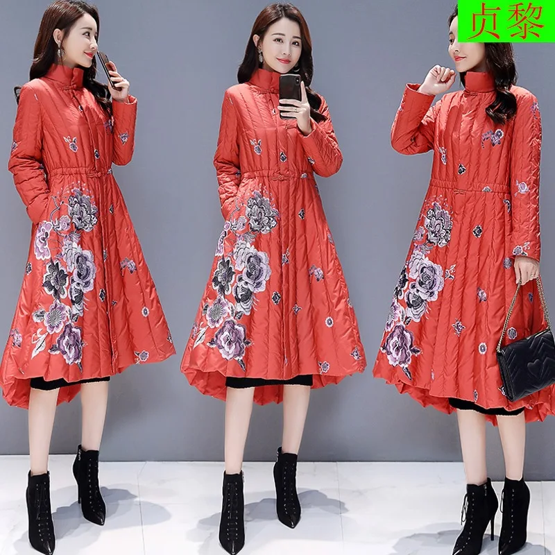 

Irregular Cotton-padded Jacket Women's 2018 Winter New Style Retro Chinese-style Printed Thick Coat Long over-the-Knee down Jack