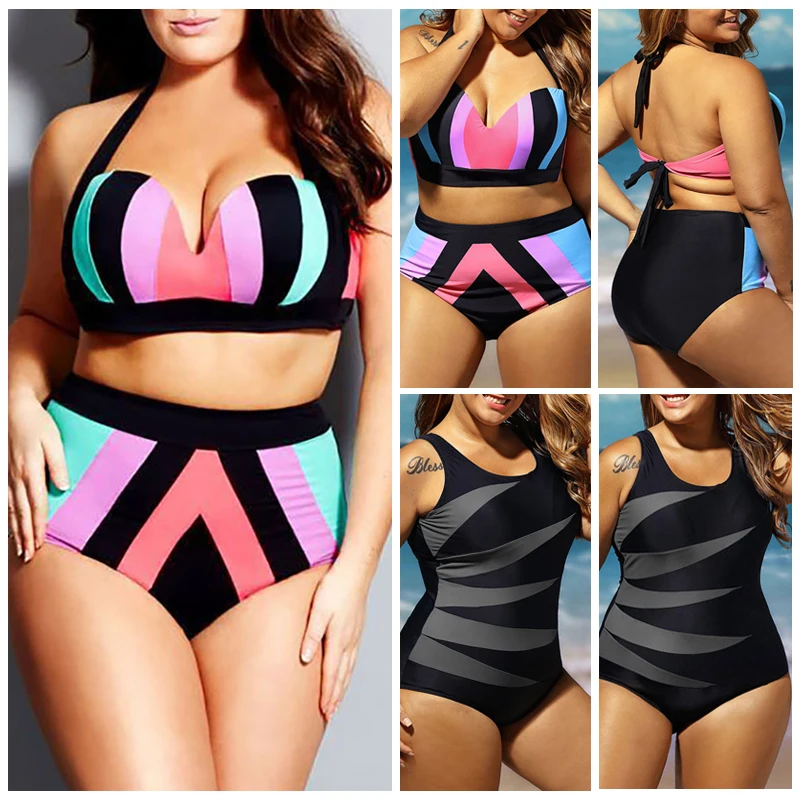 

2019 New Plus Size Womens High Waist Push up Bikini set Striped Swimwear Beach Bathing Suit Large Swimsuit XL XXL XXXL XXXXL