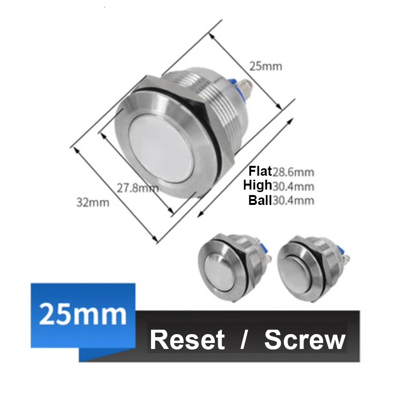 8/10/12/16/19/22/30 мм моментальная Перезагрузка/замок фиксации металлический пуш-ап Водонепроницаемая кнопка переключателя винтовым штифтом сварки ноги - Цвет: 25mm Reset screw