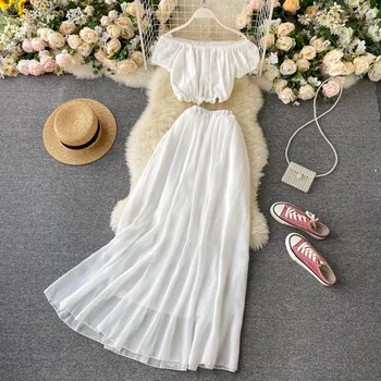 

Women White 2pcs Set Sexy Slash Neck Short Sleeve Short Tops + Elastic High Waist Big Swing Long Skirt Female Two Piece Set 2020
