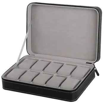 

Portable Watch Box Organizer PU Leather Casket with Zipper Classic Style 10 Grids Multi-Functional Bracelet Display Case