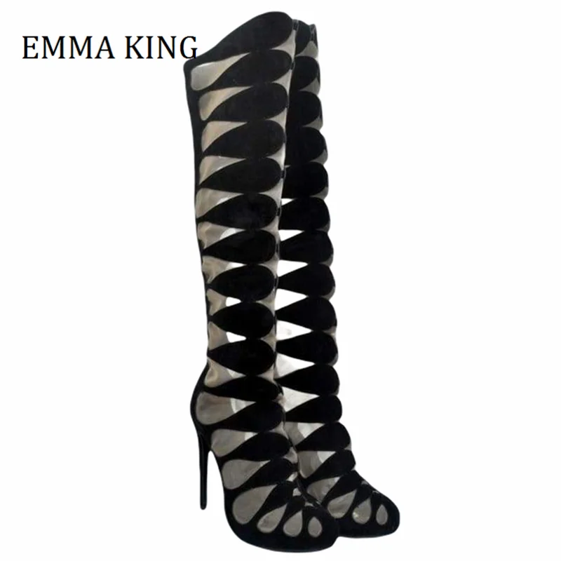 

2021 Summer Women Cut Out Gladiator Sandals Boots Sexy Stiletto Heels Suede Knee High Booties Back Zip Women Night Club Shoes