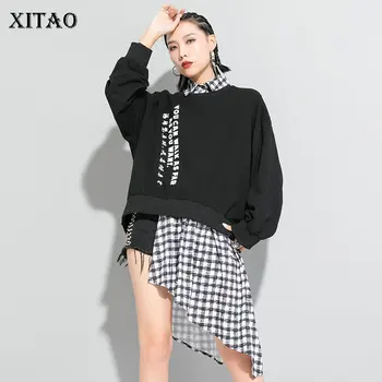 

XITAO Irregular Plaid Sweatshirt Fashion New Patchwork Letter False Two Piece Pleated 2020 Spring Minority Sweatshirt XJ3763