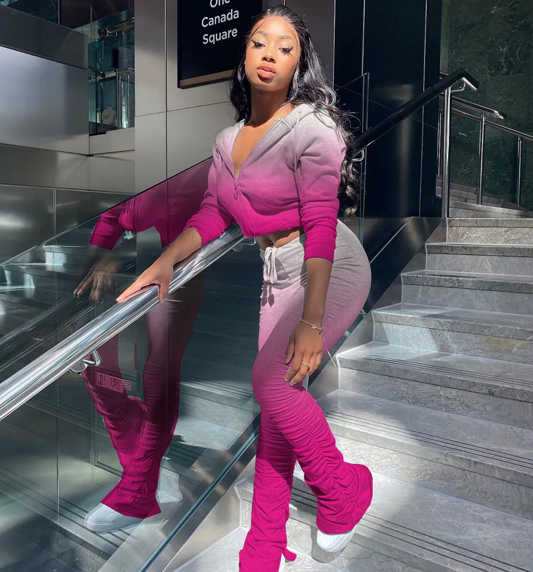 

Gradient Tracksuit Women 2 Piece Set Fall Sportwear Joggers Women Set Suits Sweatsuit Top Pleated Flared Pants Winter Outfits
