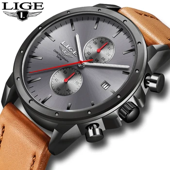 

LIGE men watches top brand luxury waterproof Sport chronograph wristwatch men Military Quartz Date leather Relogio Masculino+box