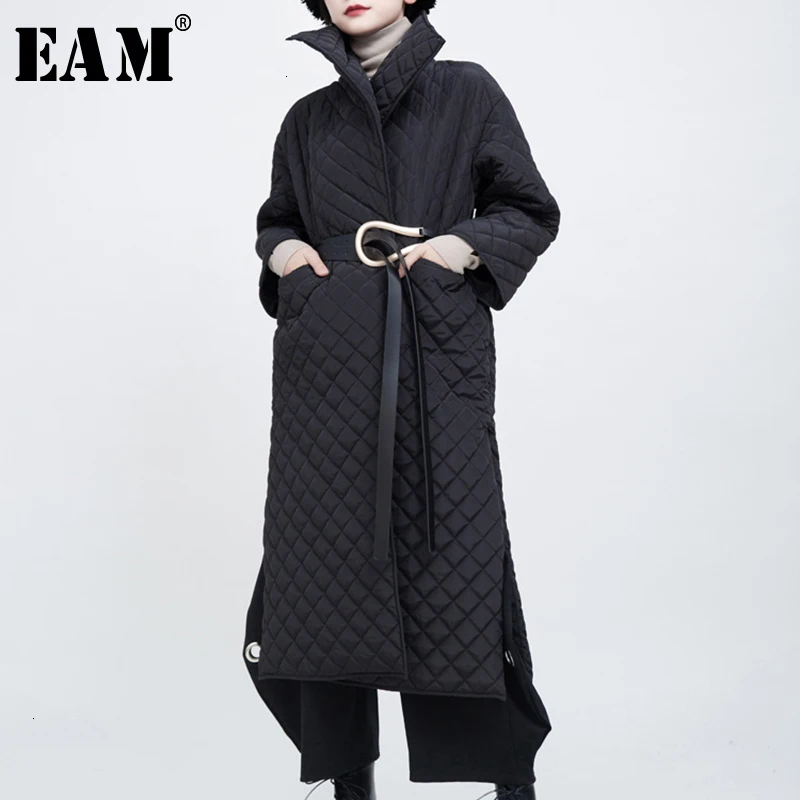 

[EAM] Black Split Big Size Cotton-padded Coat Long Sleeve Loose Fit Women Parkas Fashion Tide New Autumn Winter 2020 1N035