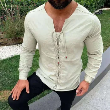 

Autumn Men Casual Solid Color Casual Shirt Raw Edge Collar Rope Placket Long Sleeve Cotton Shirts