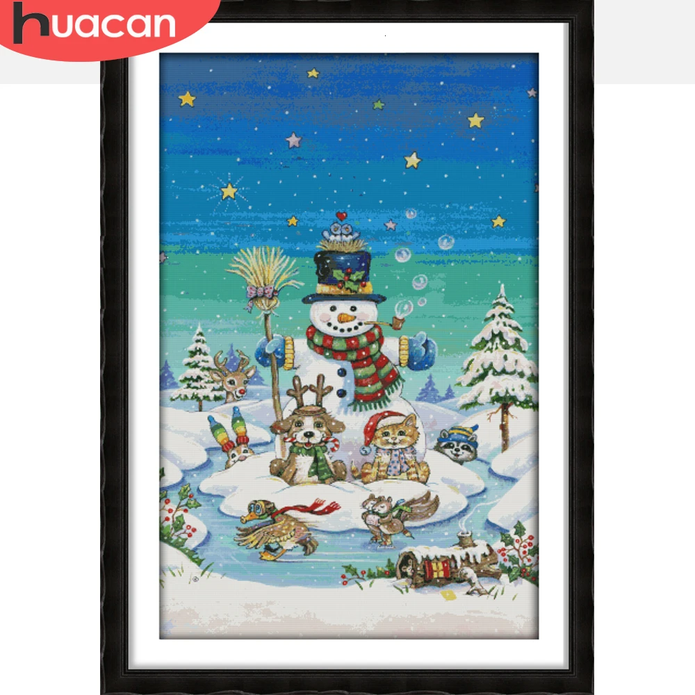 

HUACAN Cross Stitch Snowman Embroidery Christmas Needlework Sets Kits White Canvas DIY Gift Home Decor 11ct 14CT