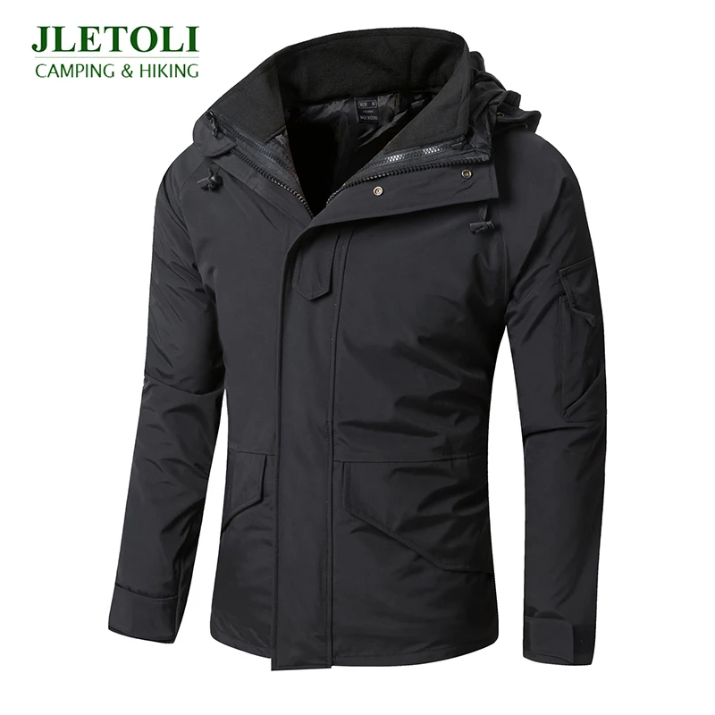 JLETOLI, зимняя двухслойная походная куртка, тактическая, давление, клей, водонепроницаемая, с подогревом, куртка с капюшоном, теплая, для улицы, ветровка - Цвет: Black