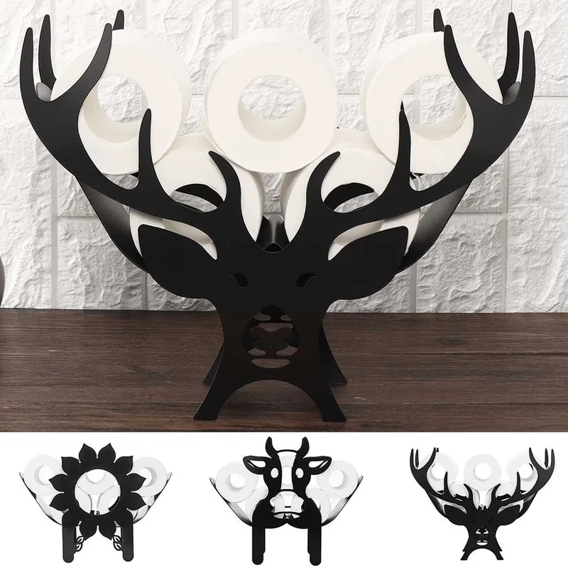 Home Iron Roll Paper Towel Holder Black Flower/Cows Crafts Bathroom Rack Ornaments Toilet Roll Holder Kitchen Bathroom Storage