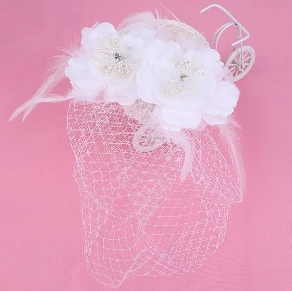 Hot Sale Bird Cage Veil Wedding Veil Birdcage Netting Face Short Feather Flower White Fascinator Bride Hats with