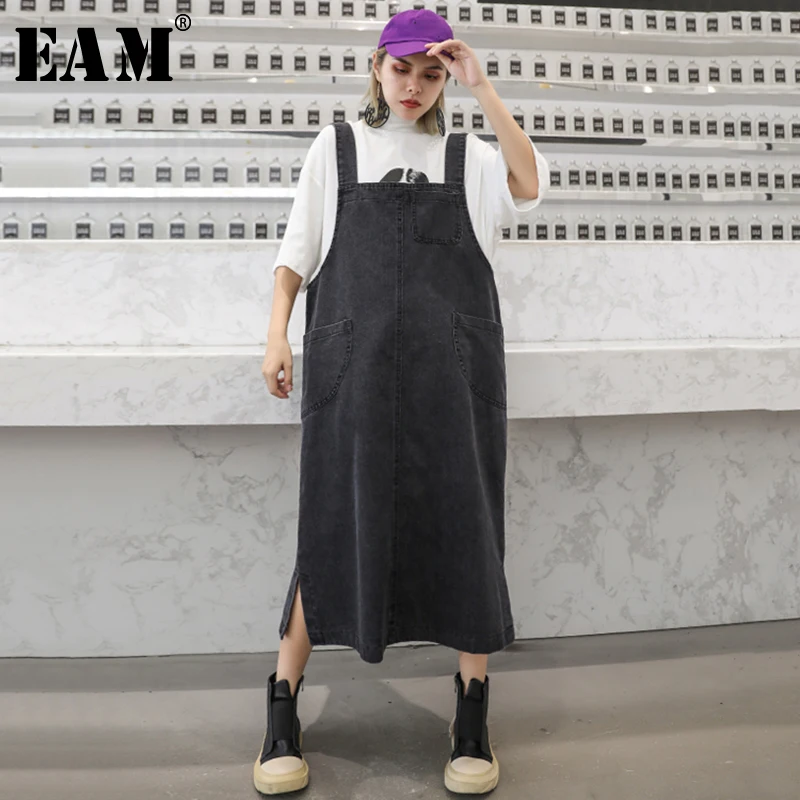 

[EAM] Women Strap Pocket Denim Side Split Dress New Strapless Neck Sleeveless Loose Fit Fashion Tide Spring Autumn 2019 1A542