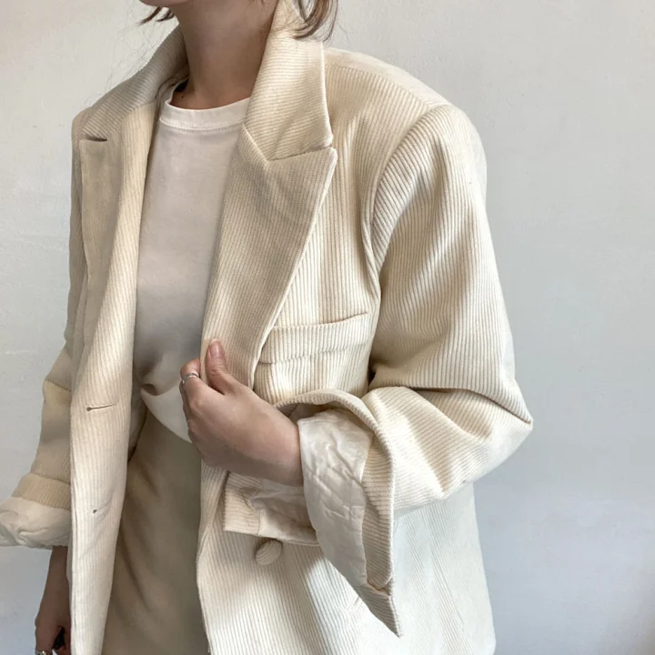 New Fall Women's Blazers Corduroy Notched Long Blazer Woman Korean Chic Style Green Full Sleeve Clothes Female