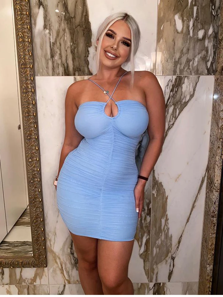 NewAsia Mesh Dress Spaghetti Strap Lace up Ruched Cut out Hole Zipper 2 Layer Elastic Slim Fit Mini Dress Chic Woman Slip Dress