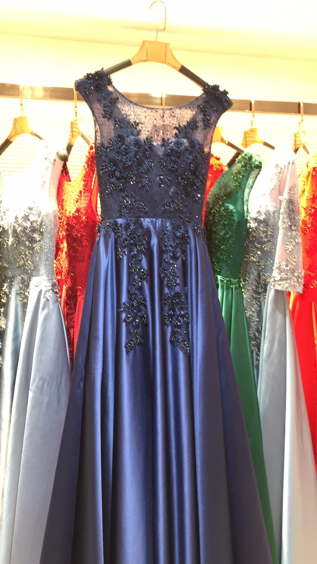 Женское атласное вечернее платье SSYFashion, роскошное длинное бальное платье без рукавов, с цветочным кружевом и бисером, банкетное платье для свадебных торжеств и выпускных вечеринок - Цвет: Navy blue
