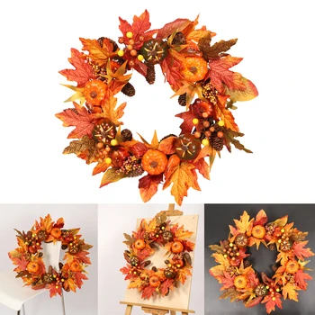 

Fall Maple Leaf Pumpkin Wreath Christmas Artificial Wreath Front Door Decoration Thanksgiving Decorative Garland 22''