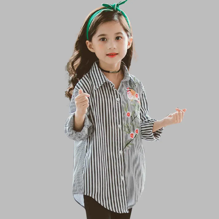 Рубашка для девочек; полосатая Лоскутная Блузка для девочек; модная детская блузка с вышивкой для девочек; Осенняя новая школьная одежда для девочек