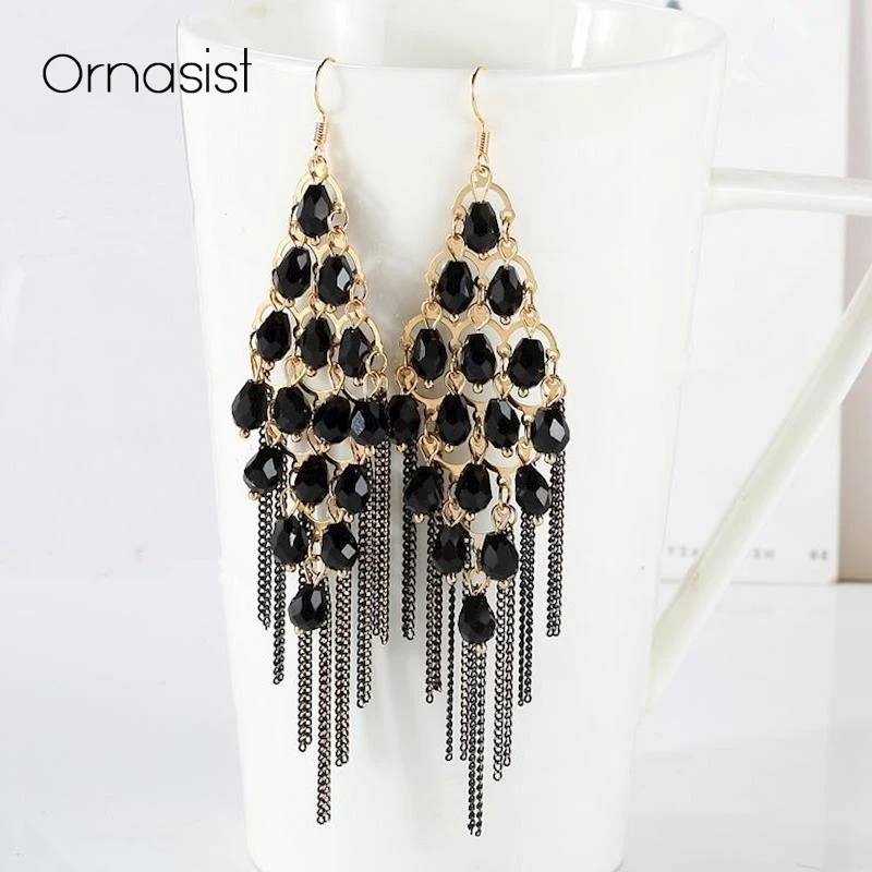 Богемные длинные серьги с кристаллами и кисточками универсальные ручной работы