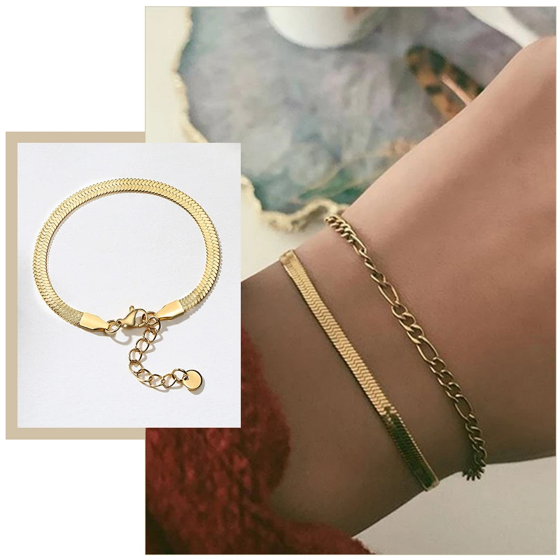 

Chic Flat Snake Chain Figaro Link Bracelets for Women Jewelry Temperament Gold Color Adjustable Stainless Steel Wristband Gifts