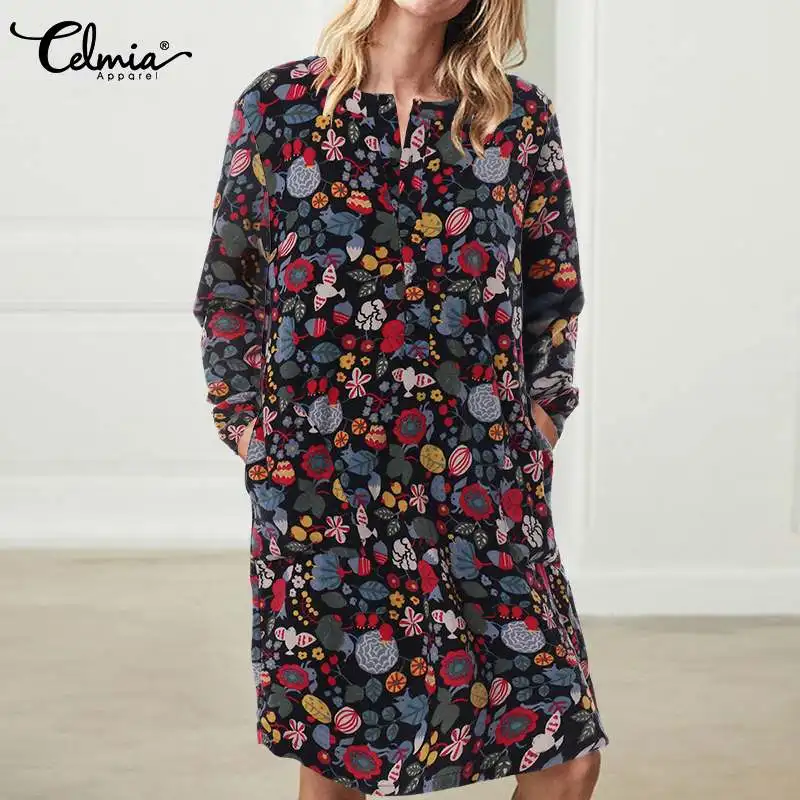 

Autumn Vintage Dress 2019 Celmia Women Long Sleeve Shirt Sundress Button Female Casual Floral Print Sarafans Vestidos Tops S-5XL