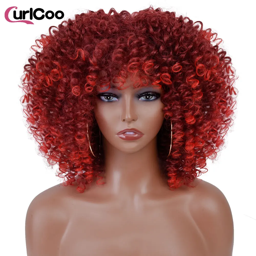 Short Afro Kinky Curly Wigs With Bangs For Black Women Synthetic Ombre Natural Heat Resistant Hair Brown Cosplay Highlight Wigs