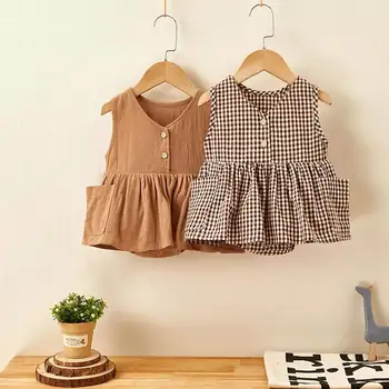

ins Baby Girls Cotton Button Dress Romper Summer Toddler Kids Plaid Jumpsuit 0-2 Years Infant