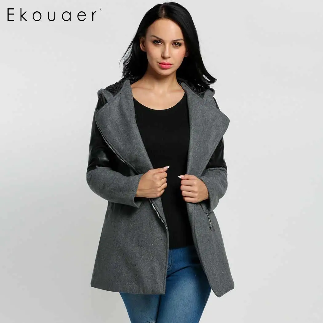 Ekouaer, женская мода, с капюшоном, с отворотом, с длинным рукавом, пэчворк, зимняя, повседневная, на молнии, верхняя одежда, тренчкот, модное повседневное пальто