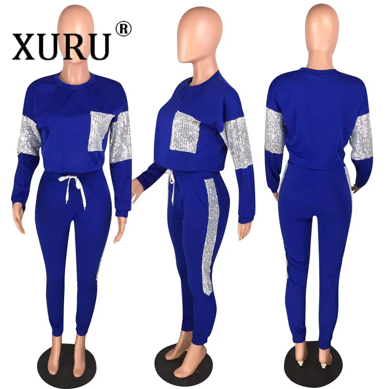 XURU/ осенний популярный женский комбинезон с блестками из двух предметов в европейском и американском стиле, Модный повседневный комбинезон, костюм
