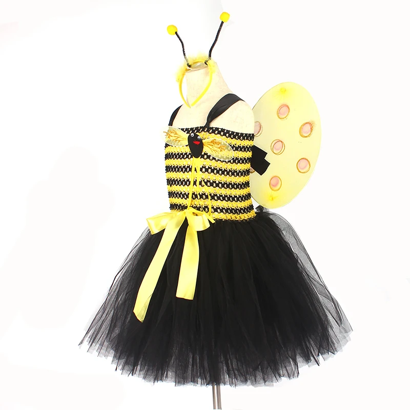 Children Bumble Bee Costume Set Girls Tutu Wings & Headband Yellow Black Kids Fancy Dress Halloween Dress Up Party Clothes (14)