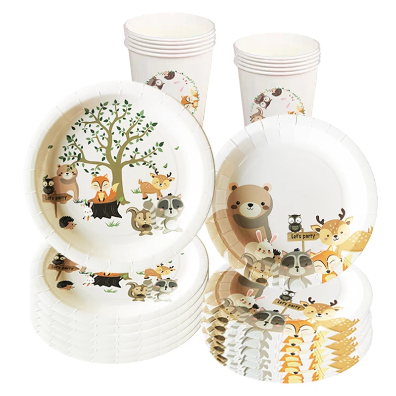 Forest Animals Woodland Party Disposable Tableware Pull Flag Fox Squirrel Jungle Safari Happy Birthday Decor Kids | Дом и сад