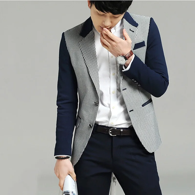 Стиль Костюмы для маленьких Клетчатый костюм корейско-Стиль Slim Fit освежающий костюм Для Мужчин's