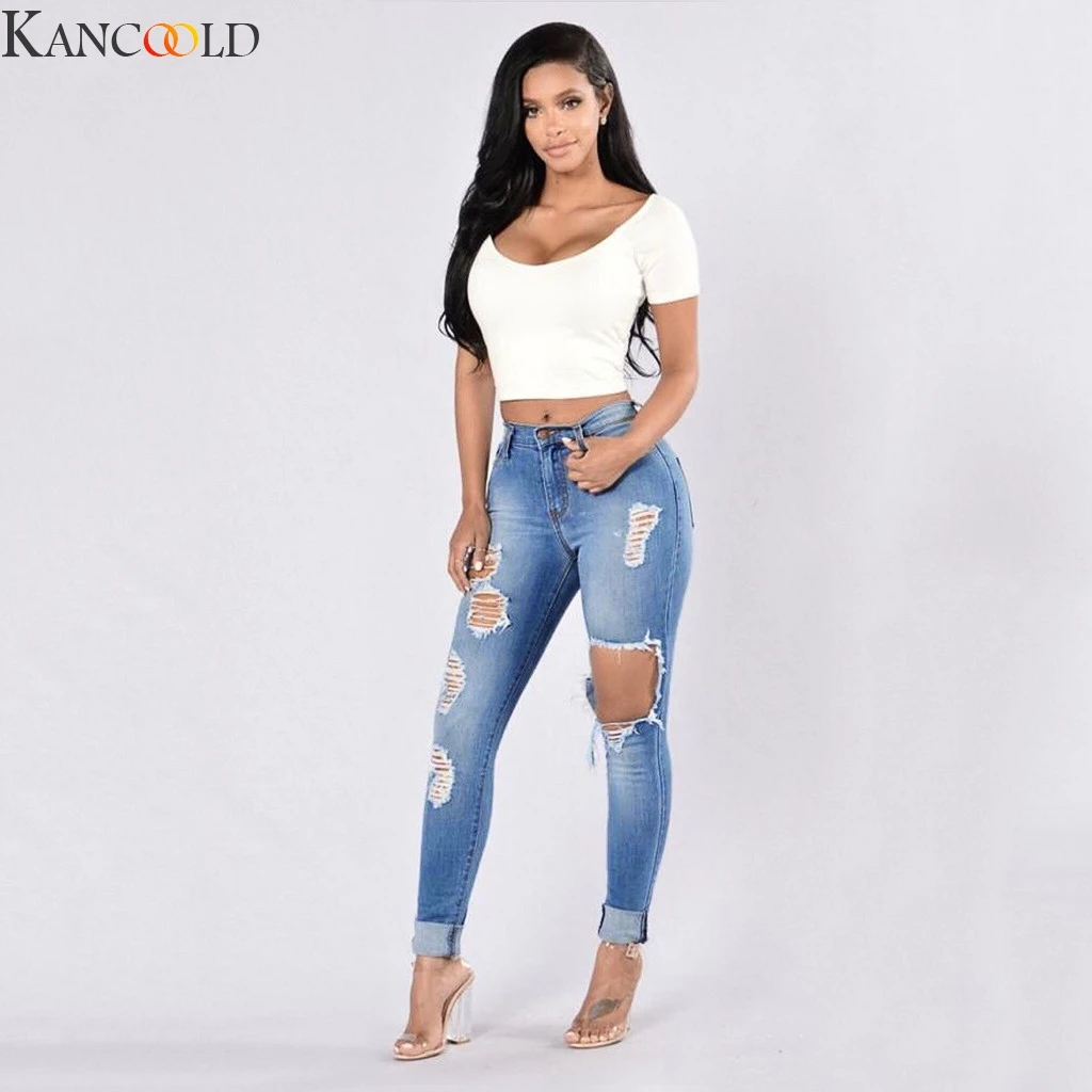 KANCOOLD обтягивающие джинсы Для женщин джинсовые брюки с дырками на коленях узкие брюки повседневные штаны Синие рваные, Стретч Джинсы Лидер продаж