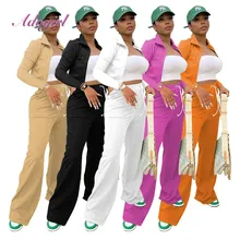 

Fitness Workout Tracksuit Autumn Women'S Set Casual Stand Collar Long Sleeve Jacket Tops Wide Leg Pants Streetwear 2 Piece Set