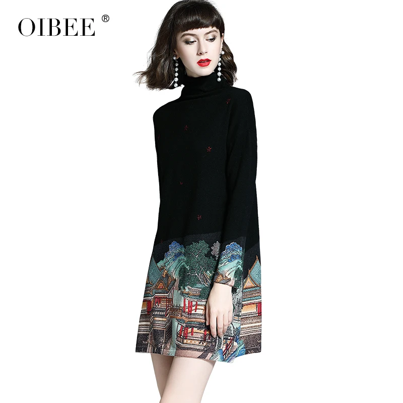 OIBEE2019 осенняя и зимняя женская новая высокая шея с подгонкой рисунка с длинным рукавом Мода похудение джемпер платье - Цвет: Черный