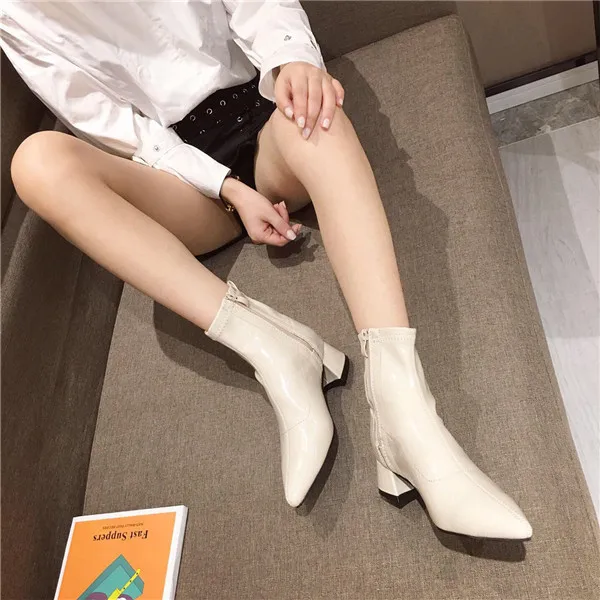 Bootee/женские осенние ботинки г. Обувь с острым носком кожаные зимние женские ботинки на массивном каблуке; роскошные дизайнерские женские ботинки на молнии с острым носком - Цвет: 1
