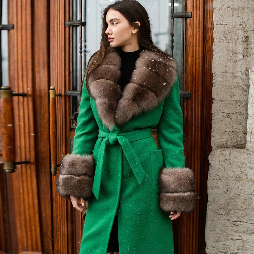 Fashion Green Cashmere Fur Coat Natural Women 2022 New Trendy Whole Skin Genuine Fox Fur Collar Wool Blends Coat Outwear Luxury