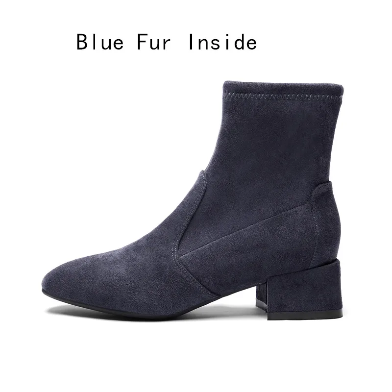 Botas mujer invierno; коллекция года; женские зимние ботильоны на меху; женские ботинки на высоком каблуке; однотонная женская обувь; цвет синий, черный - Цвет: Blue Fur