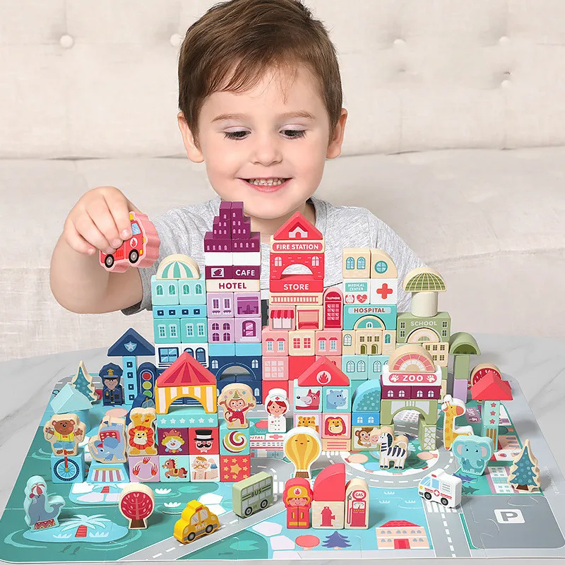 

100 Pcs Kids Toys Wooden Toys City Traffic Scenes Geometric Shape Assembled Building Blocks Early Educational Toys For Children
