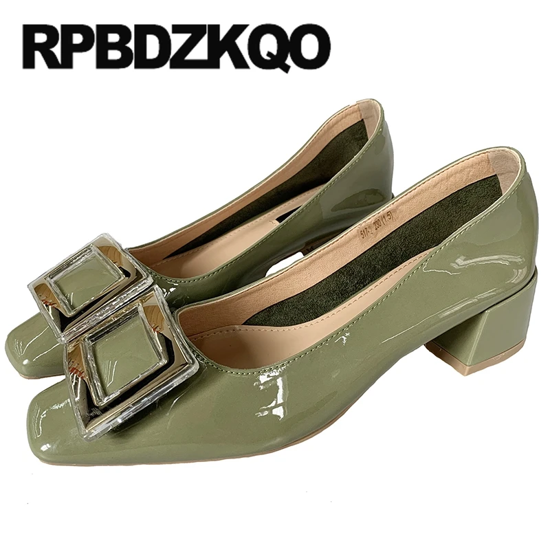 

Beige Green Runway Designer Square Toe Chunky Chic Pumps Modern Metal Block Thick 2019 Ladies Low Heels Shoes Patent Leather New