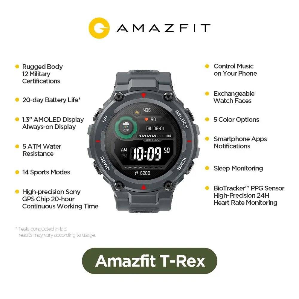 US $139.99 In Stock 2020 CES Amazfit TRex T Rex Smartwatch 5ATM 14 Sports Modes Smart Watch GPSGLONASS MILSTD For IOS Android Phone