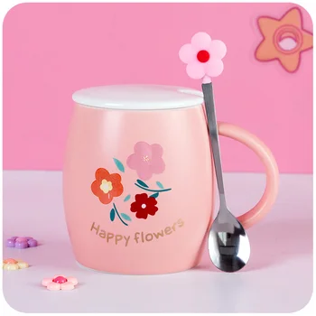 

Japanese Pink Cute Mug Girl Creative White Ceramic Mug Fashion with Lid Spoon Kubek Ceramiczny Home Student Milk Mugs MM60MKB