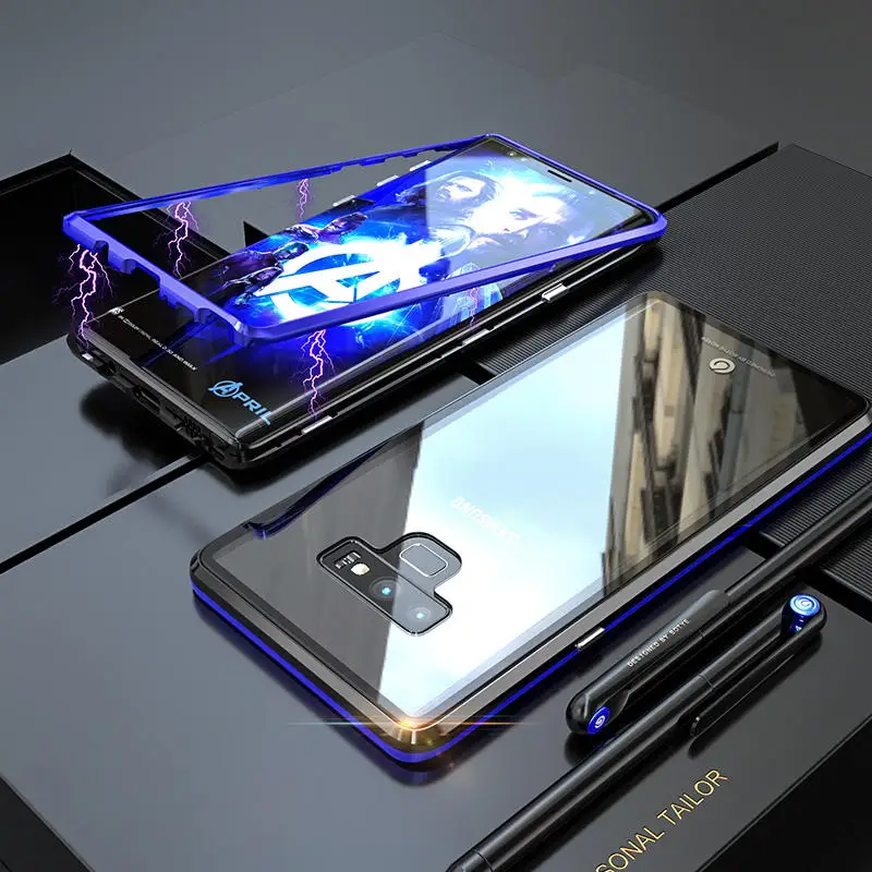 Магнитный чехол для samsung Galaxy Note 9, чехол Note9 S9 Plus Note8, магнитная прозрачная стеклянная задняя крышка для iPhone 6 S 6 S 7 8 Plus X, чехол - Цвет: Black and Blue