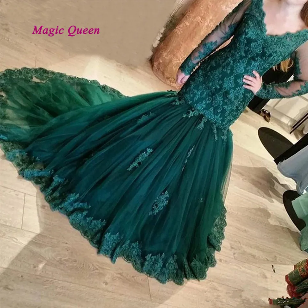 Robe de Soiree, элегантное зеленое вечернее платье с длинным рукавом, кружевное платье с v-образным вырезом, платье для выпускного вечера, вечерние платья для женщин, бисер